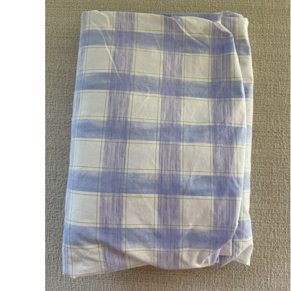 Yves Delorme Queen Fitted Sheet Blue Green White Check Plaid 100% Cotton France